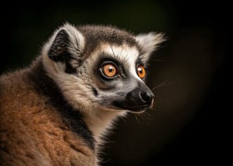 Fototapeta premium lemur face close up with big eyes with black blur background. Portrait of Ring-tailed Lemur, Lemur catta