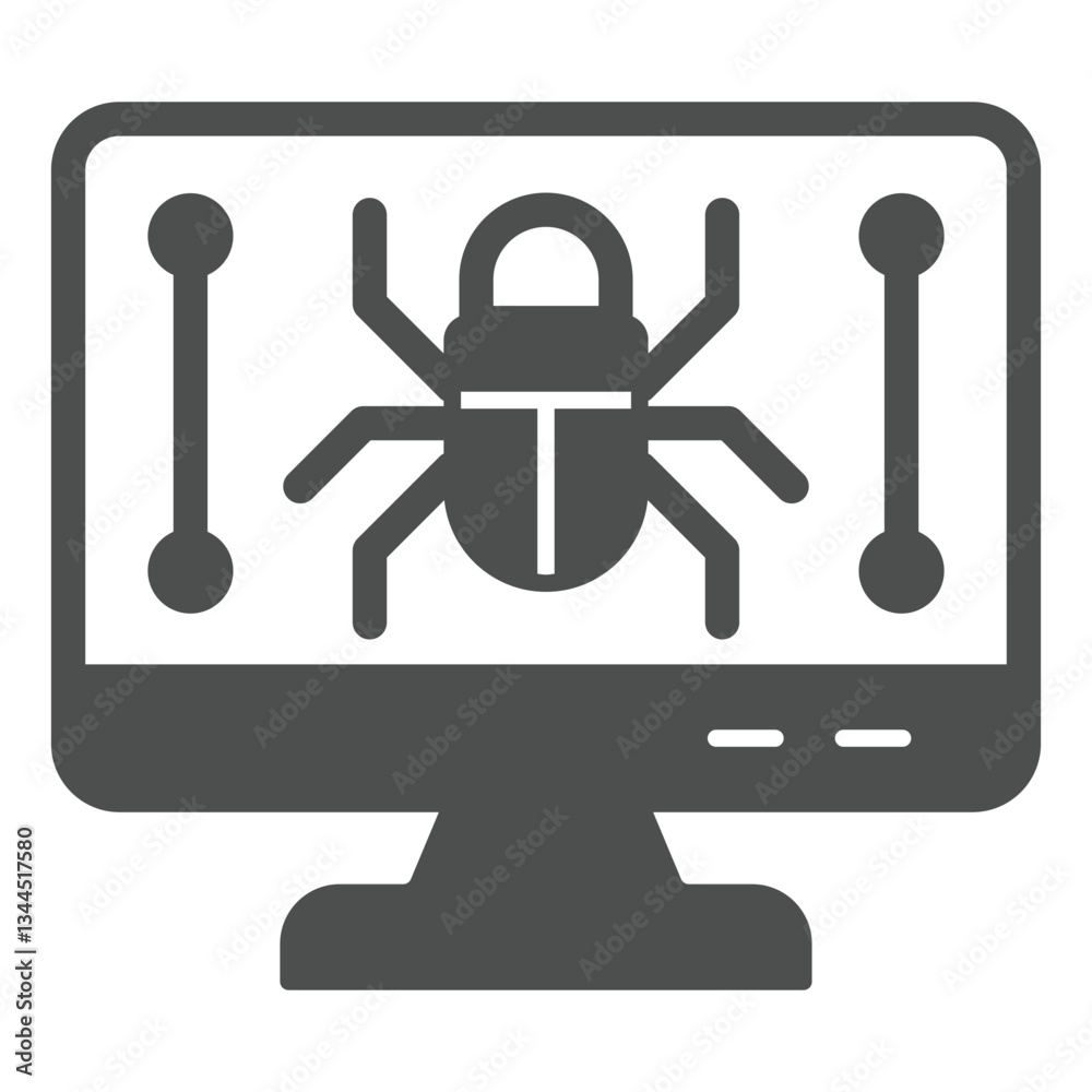 Poster monitor screen and beetle solid icon, hacker attacks concept. vector graphics. display with bug, com