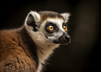 Obraz premium lemur face close up with big eyes with black blur background. Portrait of Ring-tailed Lemur, Lemur catta