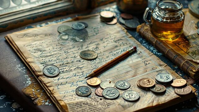 Antique Still Life: Coins, Journal, and Elixir
