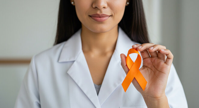 A compassionate doctor gently holds an orange ribbon, a symbol of hope and support for those facing multiple sclerosis, captured in soft, warm lighting.