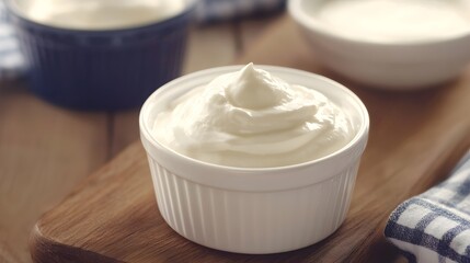 Creamy Delight: Close-up of a small bowl filled with fresh, creamy yogurt, capturing the smooth texture and inviting appeal of this healthy treat.