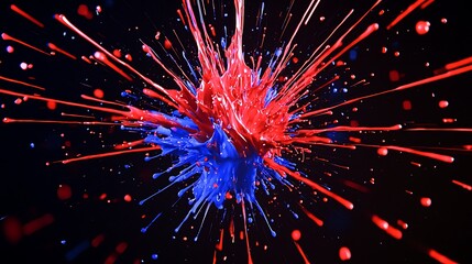 Red and blue paint explosion on black background for abstract art or design project