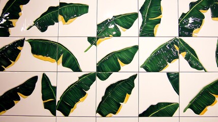 Tile wall art of banana leaves as background