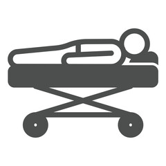 Hospital stretcher with human solid icon, medical insurance concept. Vector graphics. Ambulance bed with sick man sign on white background, glyph style icon for mobile or web design.