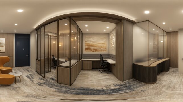 Modern office interior design with glass partitions, desk, and seating area.