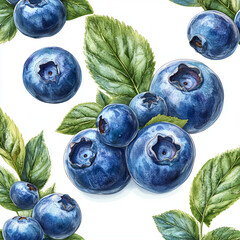 seamless blueberry pattern with leaves white background 