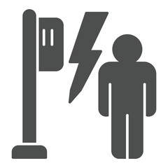 Man with electric box on pole solid icon, insurance concept. Vector graphics. Lightning risk at transformer and human sign on white background, glyph style icon for mobile or web design.