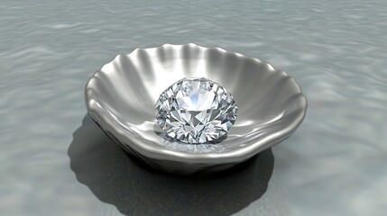 Sparkling diamond in a silver shell on water.