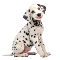 Dalmatian puppy sitting looking at the camera isolated on transparent  Dalmatian puppy sitting on a white background, showcasing its distinctive black spots and playful demeanor