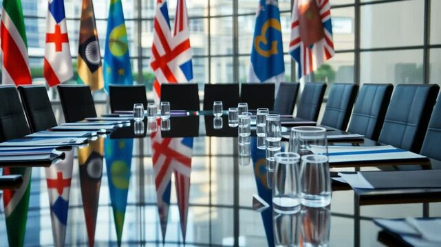 Global Summit: A sleek, modern conference room is set up, draped with flags of various nations, ready for an important global summit. Glasses of water, sleek black chairs.