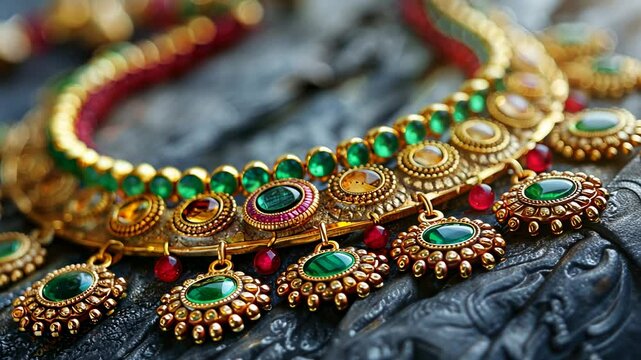 Opulent Antique Gold Necklace with Emerald and Ruby Gemstones