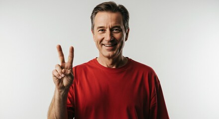 Naklejka premium Cheerful Mature Man Giving Peace Sign in Red Shirt