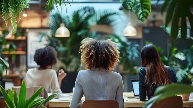 Green Office Collaboration: Three professional women engage in collaborative work in a modern office space surrounded by lush green plants, promoting a sense of calm and innovation. 
