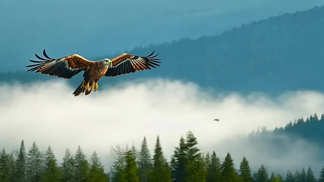 Majestic eagle soaring over misty mountains with lush forests and serene landscape below