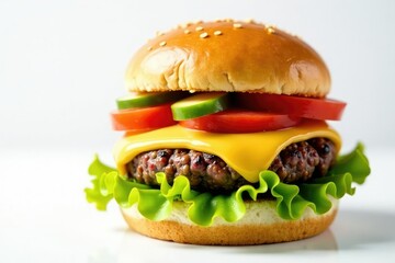Close-up of a juicy burger on a white background, high-calorie, delicious, unhealthy food