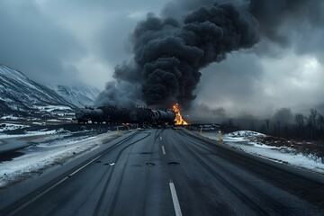 Train Derailment Burning with Black Smoke on Highway Road in Winter