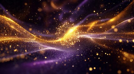 Obraz premium Abstract Gold and Purple Particle Background with Dynamic Flowing Waves