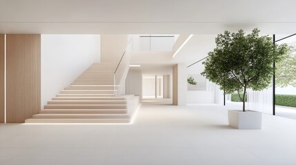 Fototapeta premium Modern, minimalist foyer with light-wood staircase