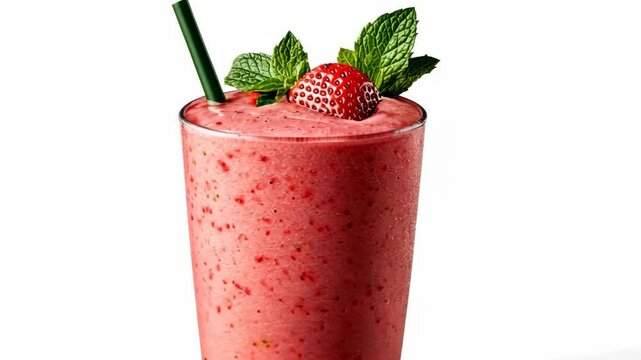 Refreshing strawberry smoothie served in a glass with mint leaves and a straw in a bright setting
