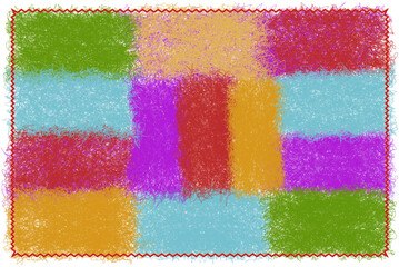  Rectangular fluffy carpet with colorful elements and wavy frame isolated on white