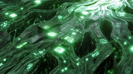 Obraz premium Abstract Green Digital Art Glowing Circuit Board Waves