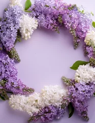 Fototapete Rund soft lavender with a lilac and white flower garland frame © Swetha