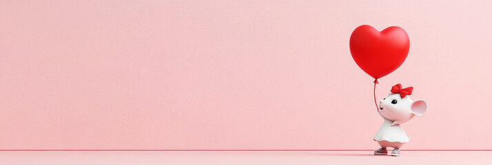 The sweet baby hamster, dressed in a dress and sneakers, smiles happily with a heart-shaped balloon, set against a soft pastel background full of warmth, banner