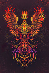Stylized Phoenix Emblem Symbolizing Rebirth and Transformation with Intricate Line Work and Dynamic Hues