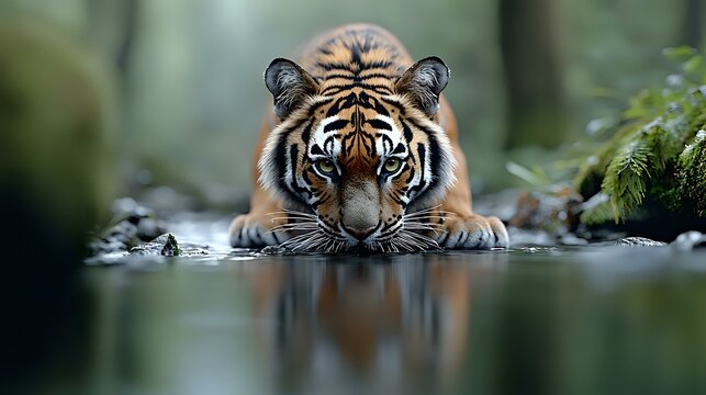 Young Bengal tiger crouching at water's edge with intense gaze, reflection visible in calm water surface. Dramatic wildlife portrait showing predatory stance in natural habitat. - Powered by Adobe