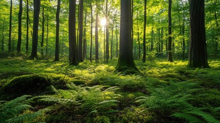 Fototapeta premium Serene Green Forest Landscape with Sunlight Filtering Through Tall Trees and Lush Ferns on the Forest Floor