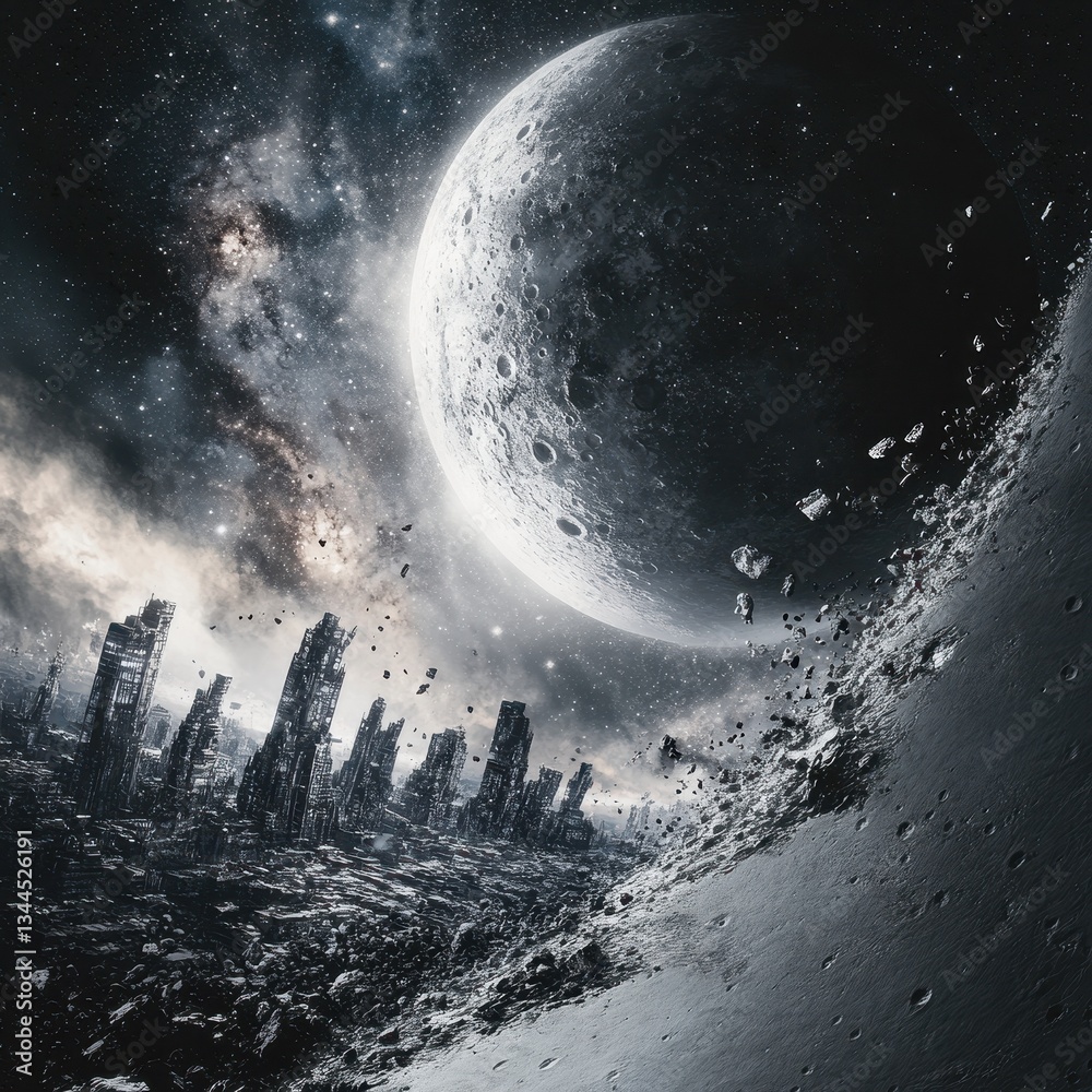 Sticker a celestial landscape featuring a huge moon and distant structures