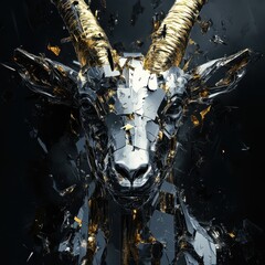 An artistic portrayal of a stylized goat with reflective surfaces