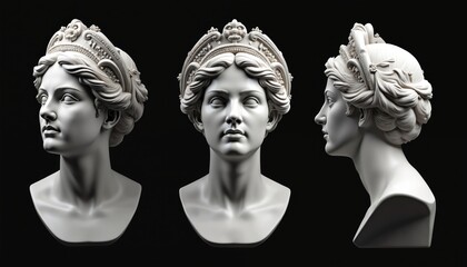 Three angles of rotation of antique woman bust with a diadem. Statue of Athena isolated on black background. Marble sculpture of greek goddess of wisdom. Symbol of ancient history culture.