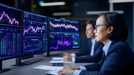 Corporate team collaborating on financial data analysis in a tech enabled meeting room