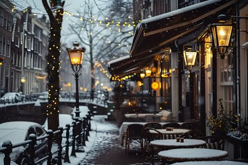 Snowy Amsterdam Canal Cafe with Christmas Lights at Night