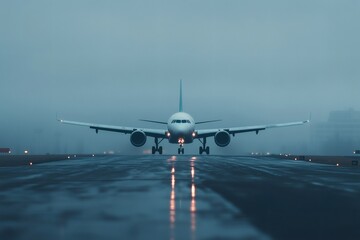 Naklejka premium Commercial airplane gracefully touches down on a misty runway under thick clouds at twilight Generative AI