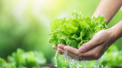 Fresh Green Lettuce Being Washed under Gentle Water Spray