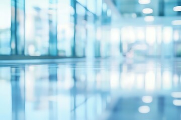 Serene Reflections of a Modern Office Space with a calming blue hue and blurred background.