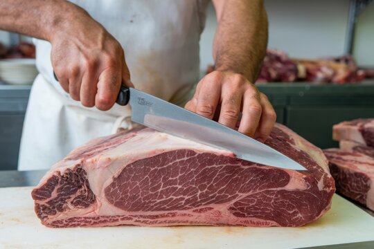 Butcher skillfully cutting a large piece of meat in a clean, well-lit butcher shop during the daytime