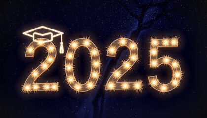 Glowing stars form the number 2025 with a graduation cap constellation in the night sky