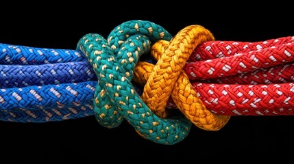 Three colorful ropes tightly knotted together on black background.