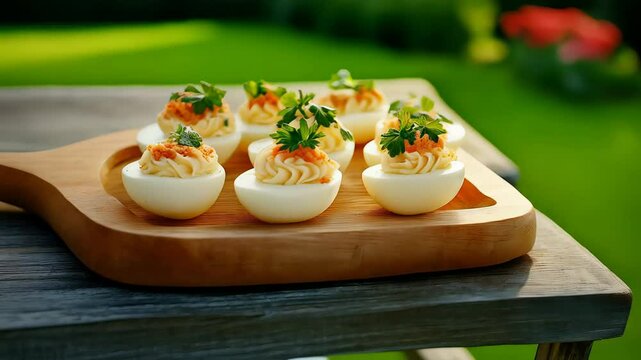 Deviled eggs served on a wooden board garnished with parsley set outdoors with flowers in background
