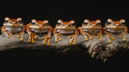 Fototapeta premium Five orange frogs sitting on a branch against a black background.
