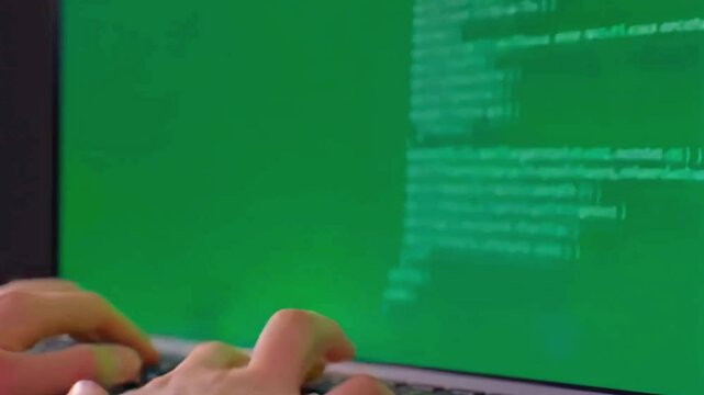 Closeup view of hands typing on keyboard with green screen terminal and scrolling code. Perfect for hacking scenes, cybersecurity visuals, tech intros, programming or coding background