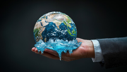 hand holding globe with melting ice and waves symbolizes climate change