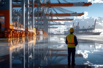 A lone worker contemplates the vastness of global trade at a bustling port, under a bright sky reflecting in the wet pavement.