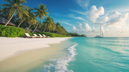 Fototapeta premium A tranquil tropical beach with turquoise waters, a sailboat, and palm trees offers a serene getaway.
