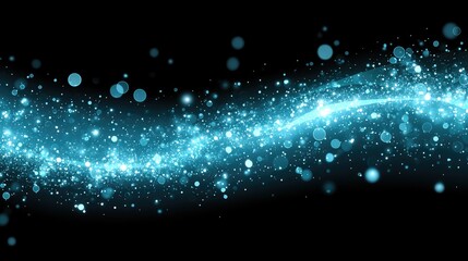 Azure swirling light particles on black background