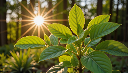 Obraz premium Vibrant green leaves illuminated by warm sunlight with a softly blurred background of nature